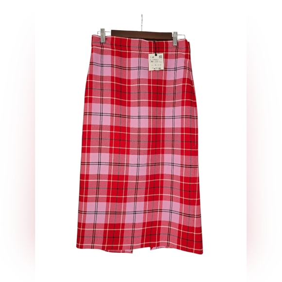 NWT ZARA Plaid Check Red/ Pink Pencil Womens Skirt Size M - Picture 1 of 9